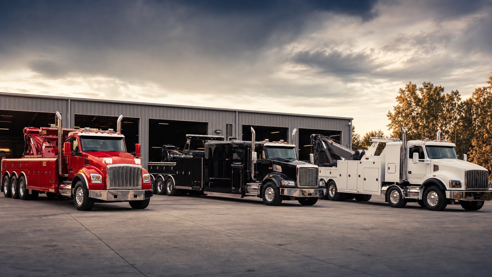 Heavy-duty towing fleet lined up outside a professional recovery shop