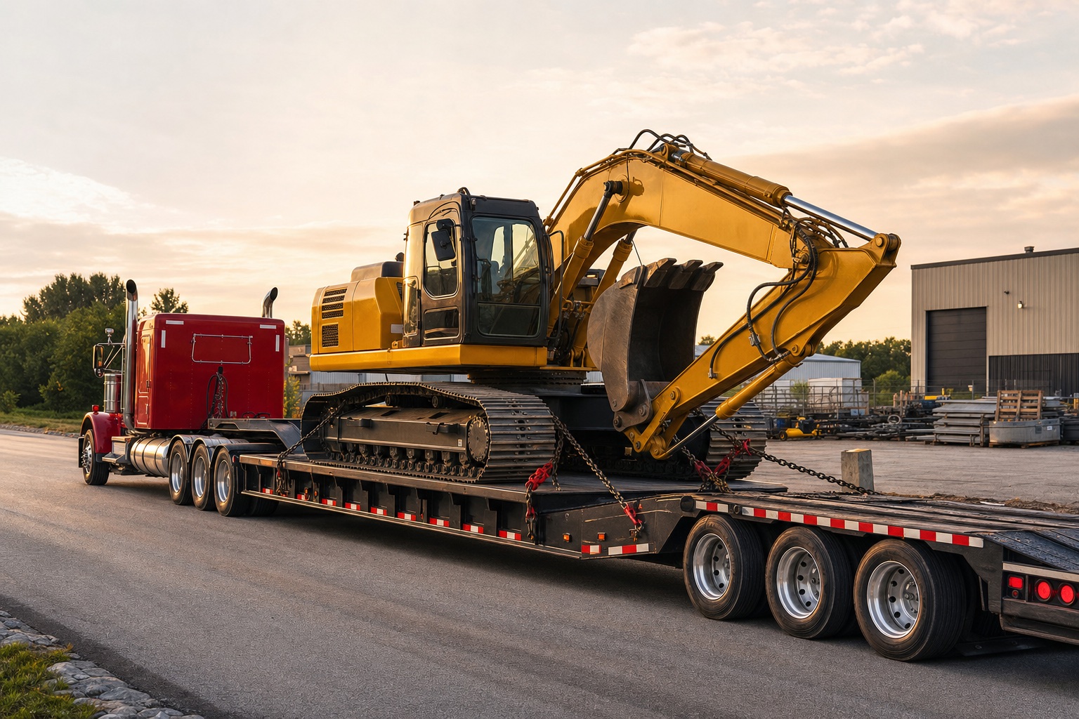 Excavator secured for heavy equipment transport