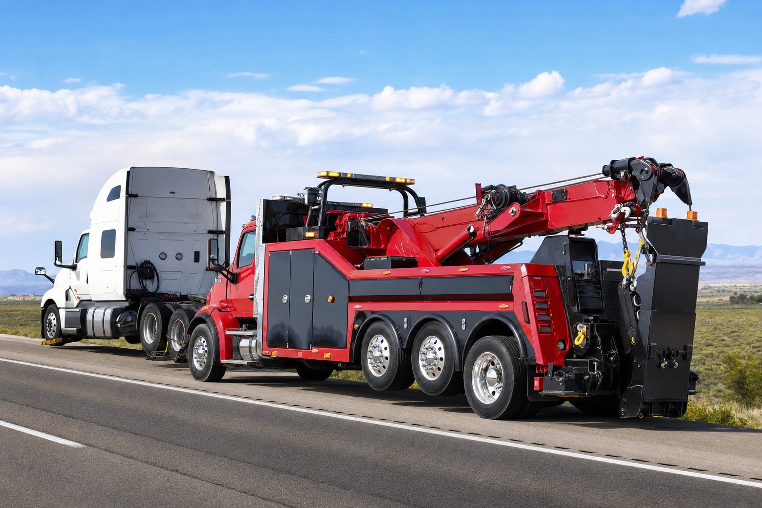 Heavy-duty wrecker towing a semi tractor on an interstate