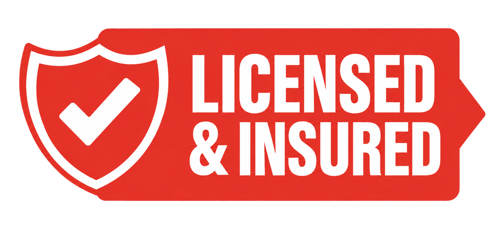 A bold red sign with a white shield and checkmark, sitting beside big white letters that say LICENSED INSURED—just so folks know this rig’s legit and covered. - Heavy Duty Towing