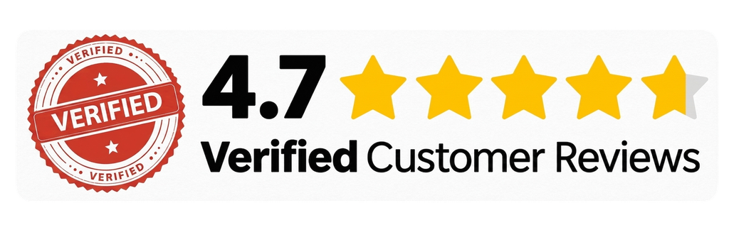 Got a big red verified badge sittin’ next to five yellow stars—four and half of ‘em shined up—and some text sayin’ 4.7 Verified Customer Reviews right on a white background. - Heavy Duty Towing